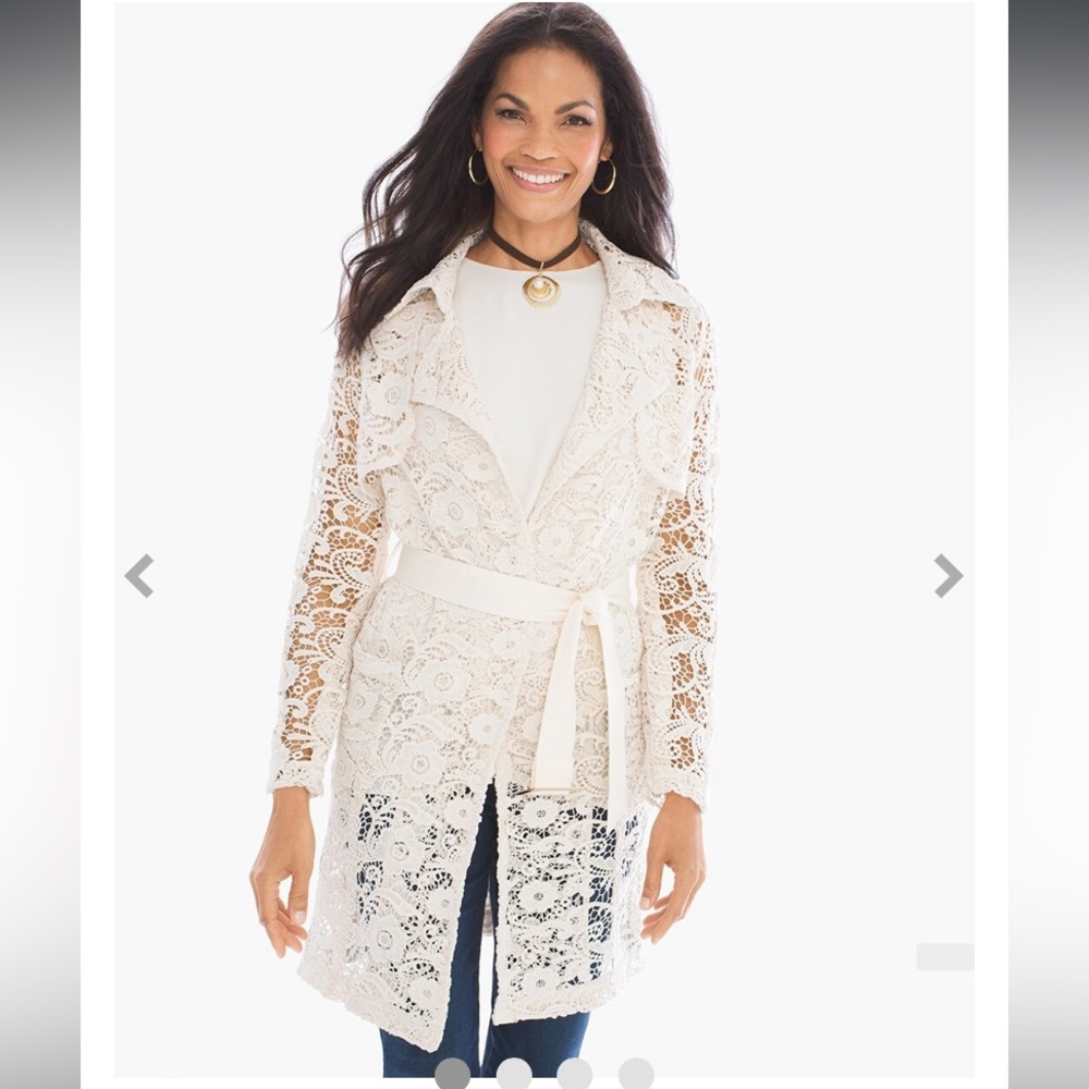 Chicos embroidered lace belted trench coat with pockets Size S/Chicos Size 1